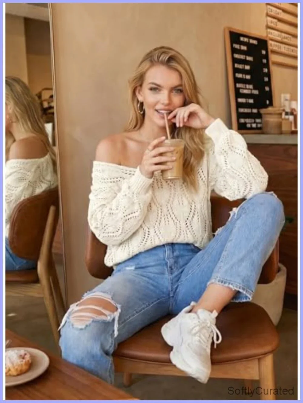 V Neck Crochet Hollow Out Pullover Sweater Fall Winter Knit Tops